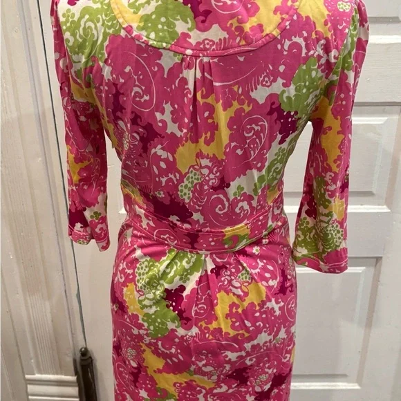 Lilly Pulitzer Blayney Pink Green Hoot Owl Floral Print 100% Silk Dress Sz Xs - Picture 2 of 7